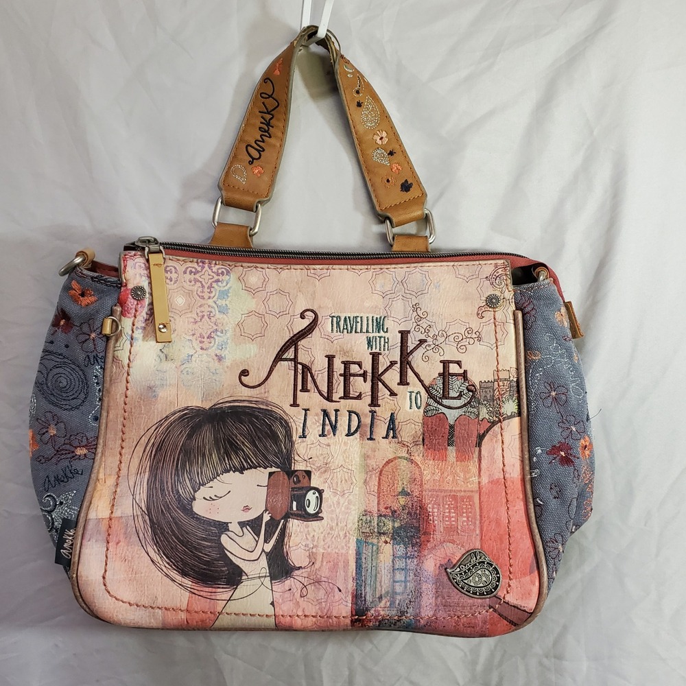 Anekke India Collection Satchel Bag Embroidered Travel Theme Multi Color